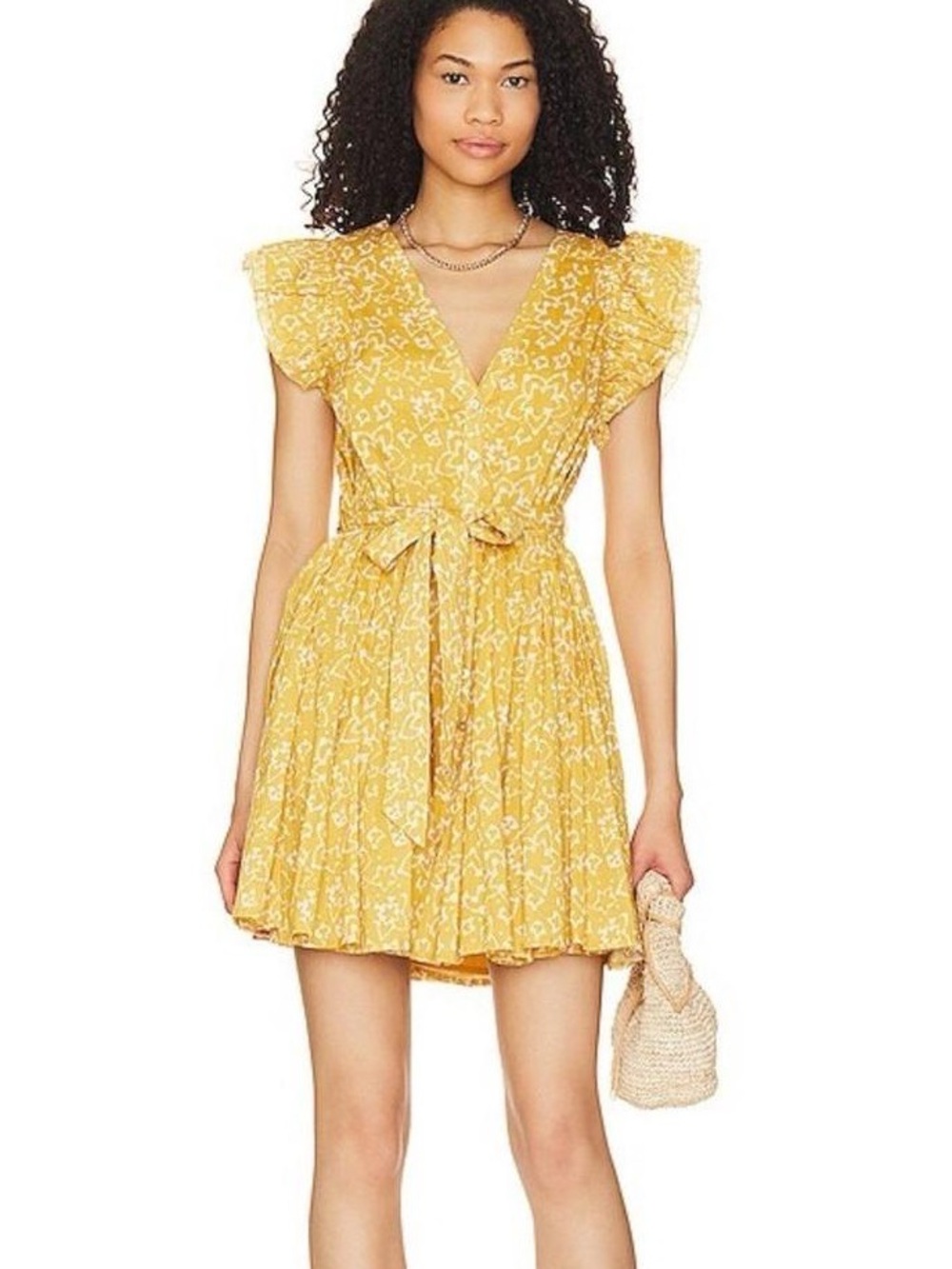 Cleobella Zia Mini Dress Cassia Yellow Print Cap Sleeve Tie Waist Button Front